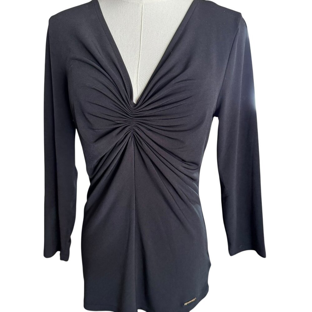 Michael Kors Black Ruched V-Neck Top Size M | Elegant Stretch Knit Long Sleeve - Picture 3 of 13